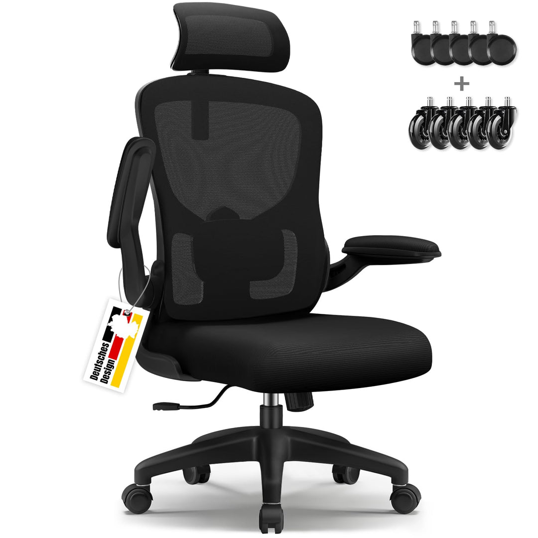 Bürostuhl, Bürostuhl Ergonomisch, Schreibtischstuhl mit 5D-Lendenwirbelstütze und Kopfstütze, 90° kl