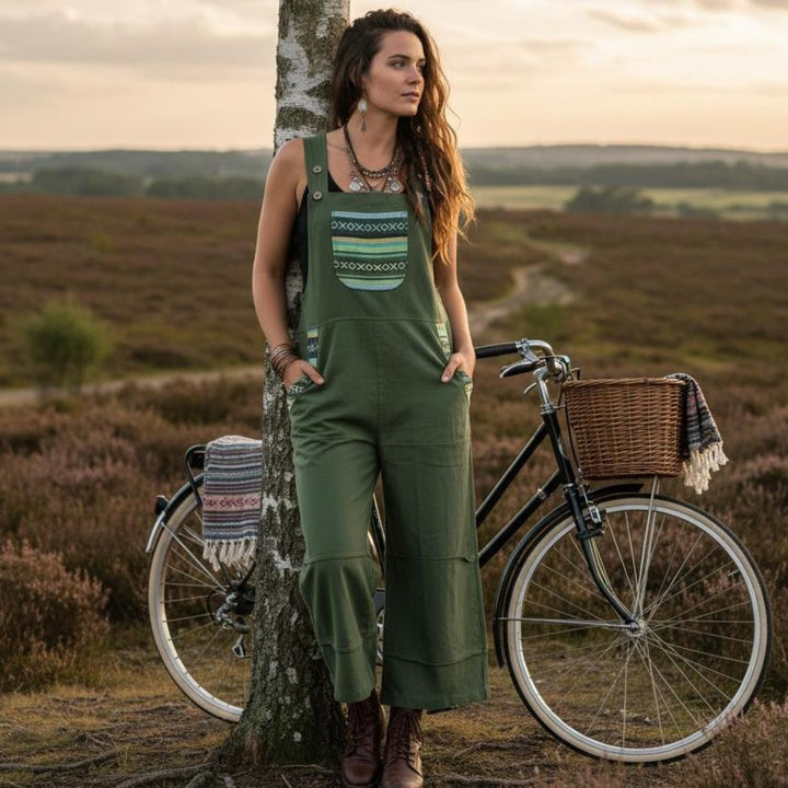 GURU SHOP Weite Latzhose, Ethno Style Oversize Einteiler, Overall, Damen, Baumwolle, Olivgrün