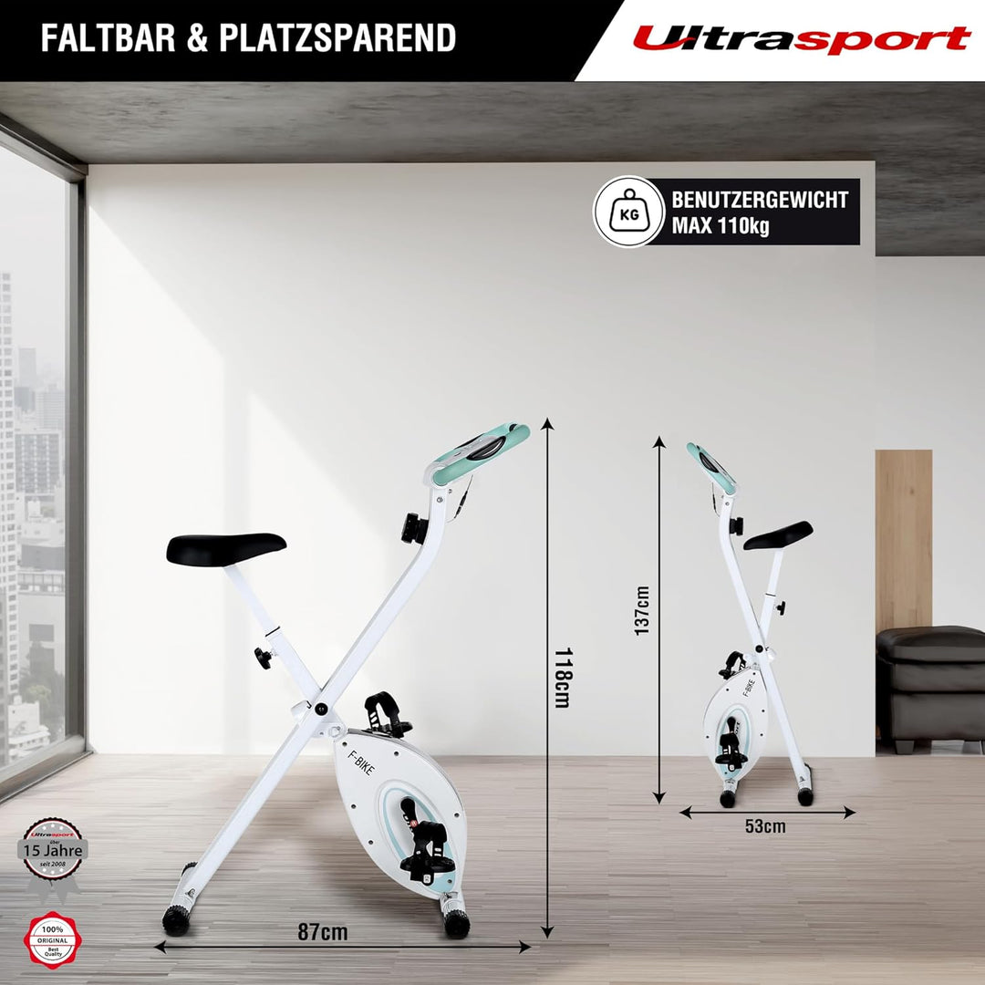Ultrasport F-Bike, Fahrradtrainer, Heimtrainer, klappbarer Hometrainer, LCD Display, opt. Handpulsse