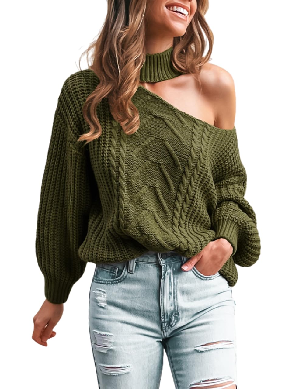 CUPSHE Damen Strickpullover Mock Neck One Shoulder Langarm Zopfmuster Grobstrick Schulterfreier Pull