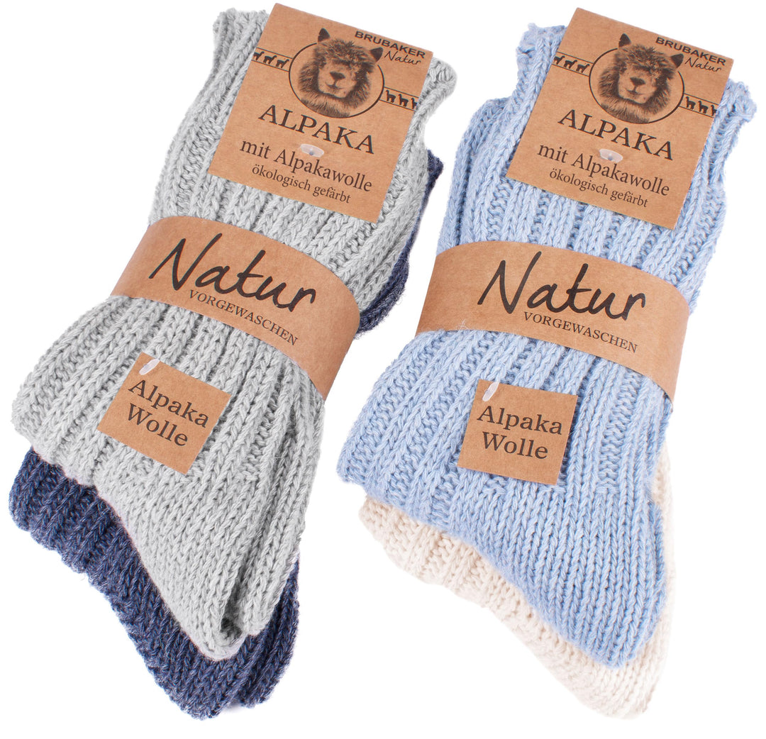 Brubaker 4 Paar Alpaka Socken sehr dick flauschig und warm - reine Alpakawolle 39-42 Blau- und Graut