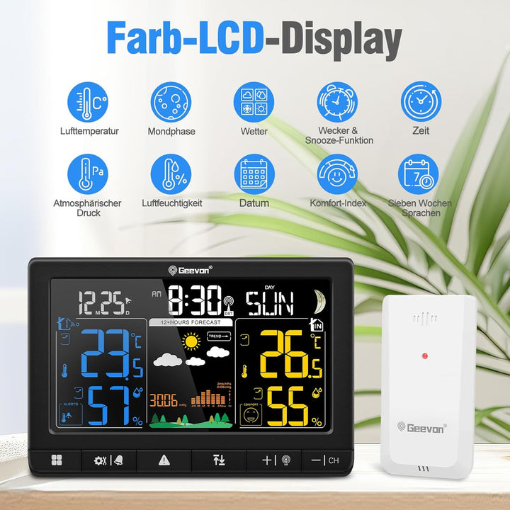 Geevon Wetterstation Funk mit Aussensensor, DCF-Funkuhr, Grosses LCD 350° Ablesewinkel für Innen und