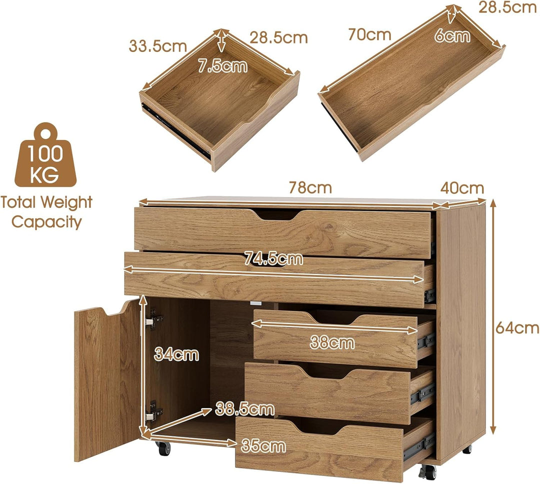 KOMFOTTEU Aktenschrank mit Rollen, Bürocontainer mit 5 Schubladen & 1 Schrank, Rollcontainer Schubla