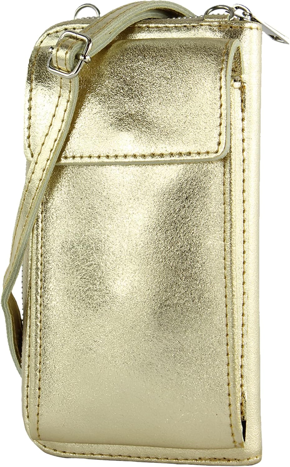 modamoda de - P06 - ital. Damen Umhängetasche Geldbörse Handytasche Leder Lightgold Metallic, Lightg