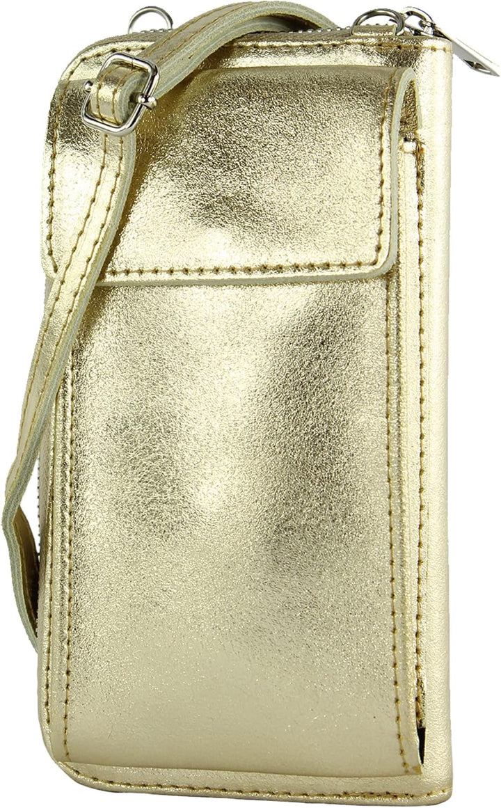 modamoda de - P06 - ital. Damen Umhängetasche Geldbörse Handytasche Leder Lightgold Metallic, Lightg