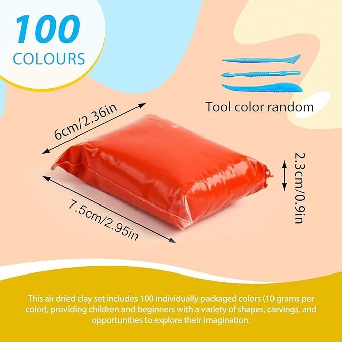 Modellermasse Set 100 Farben luftrocknend – Leichte Soft-Clay Knetmasse, 10g pro Farbe, inklusive We