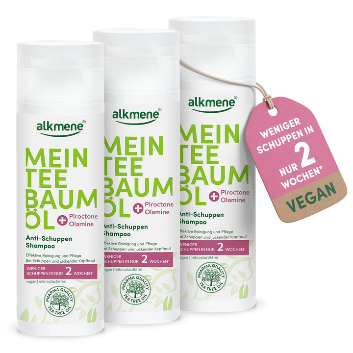 alkmene Mein Teebaumöl Anti Schuppen Shampoo 3x 200 ml - weniger Schuppen in 2 Wochen - Shampoo gege