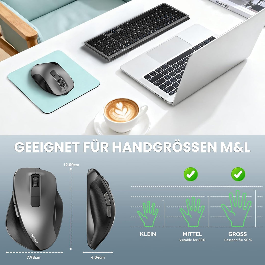 TECKNET Maus Kabellos, Bluetooth Maus Aufladbar mit 3 Gerät (2*Bluetooth+USB), 4800DPI, 6 Tasten, Si