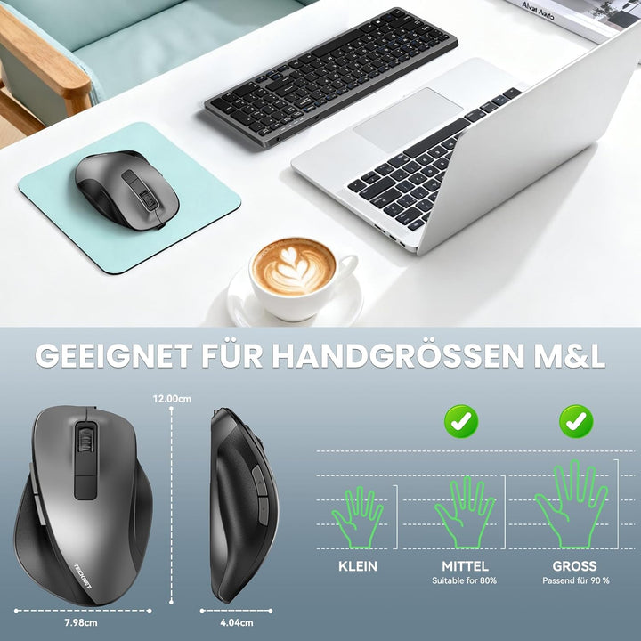TECKNET Maus Kabellos, Bluetooth Maus Aufladbar mit 3 Gerät (2*Bluetooth+USB), 4800DPI, 6 Tasten, Si