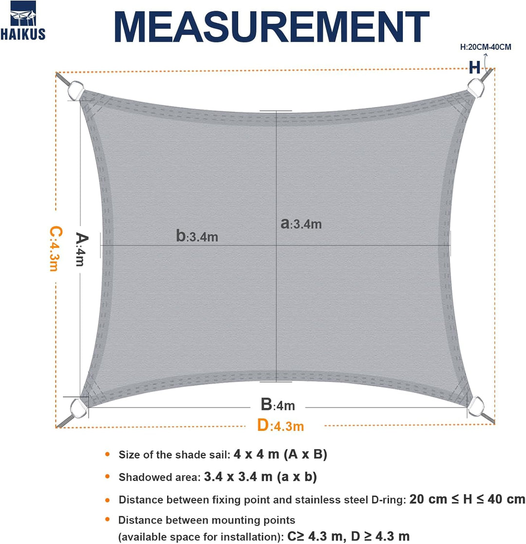 HAIKUS Sonnensegel Wasserdicht Rechteckig 4x4m Sonnenschutz Wasserabweisend Premium PES Polyester mi