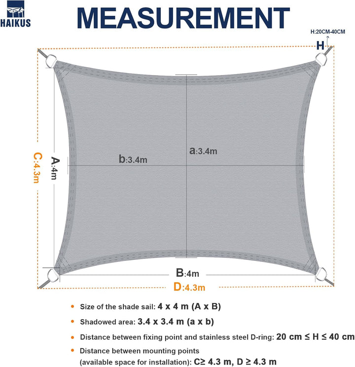 HAIKUS Sonnensegel Wasserdicht Rechteckig 4x4m Sonnenschutz Wasserabweisend Premium PES Polyester mi