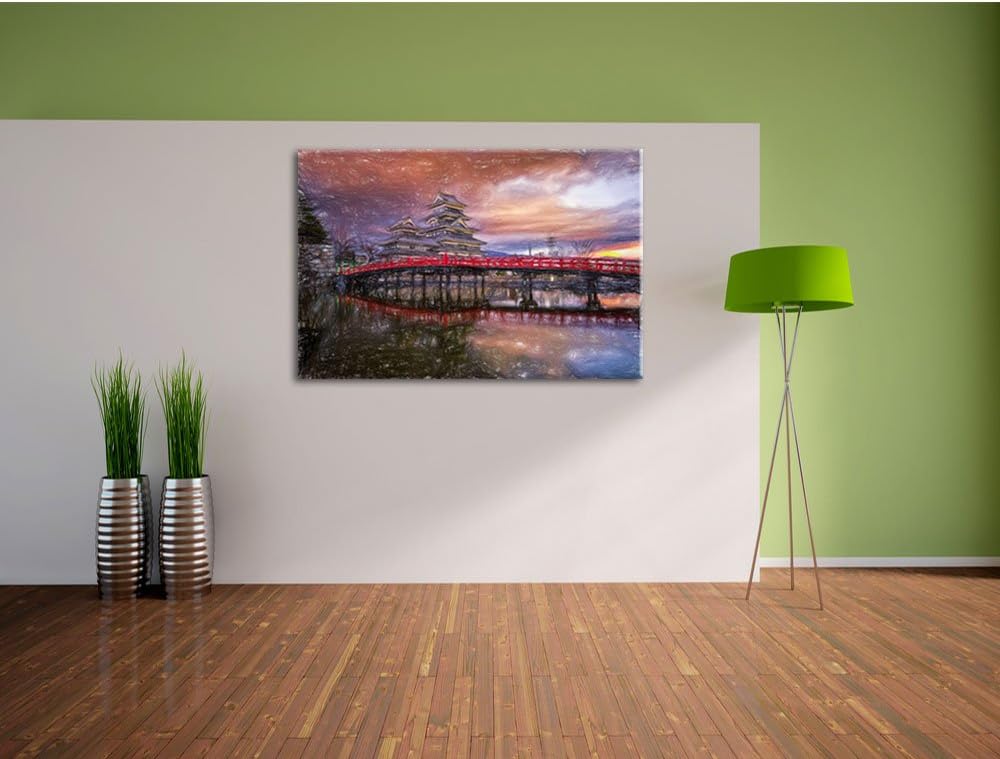 Pixxprint asiatischer Tempel an See / 100x70cm Leinwandbild bespannt auf Holzrahmen/Wandbild Kunstdr