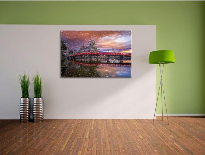 Pixxprint asiatischer Tempel an See / 100x70cm Leinwandbild bespannt auf Holzrahmen/Wandbild Kunstdr