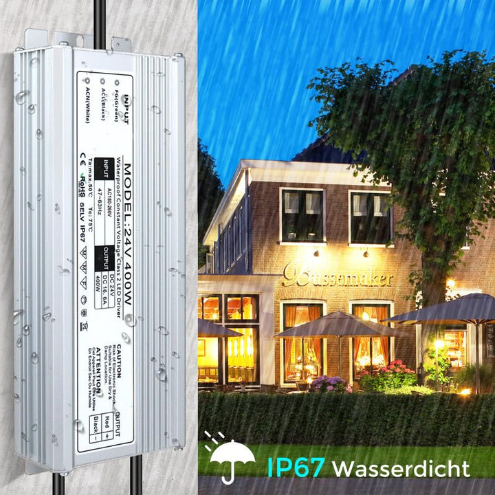 LED Trafo 24V 400W IP67, Outdoor Wasserdicht Transformator mit Stecker, LED Netzteil Treiber 230V au
