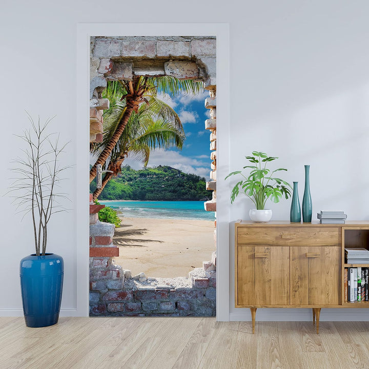 wandmotiv24 Türtapete 3D Steinwand, Paradies, Meer, Strand 90 x 200cm (B x H) - Dekorfolie selbstkle