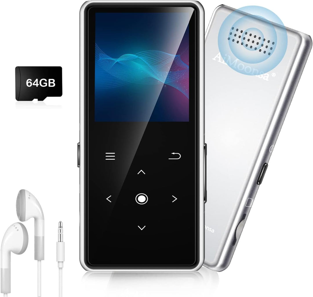 64GB MP3 Player with Bluetooth 5.2, AiMoonsa Music Player with Built-in HD Speaker, FM Radio, Voice