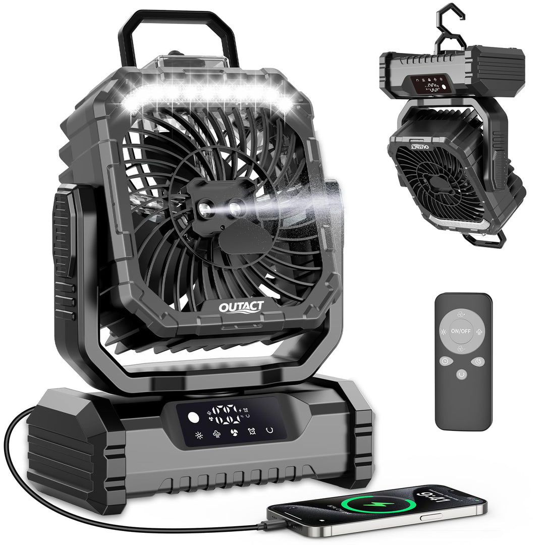 Ventilator Camping mit Sprühnebel, Akku Ventilator 20000mAh mit LED Licht, Haken, 270° Drehung, Trag