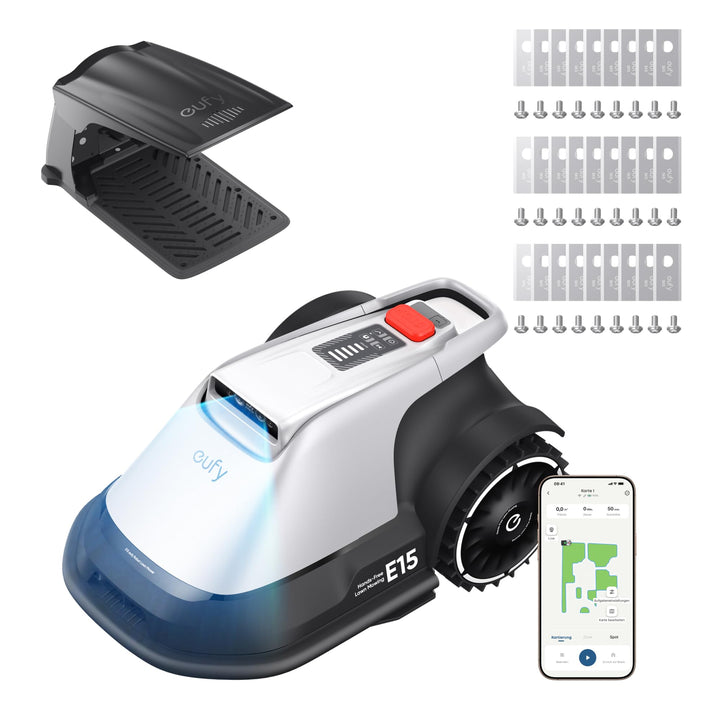 eufy Mähroboter E15 Set, Garage+Ersatzklingen, TrueVision | Ohne Begrenzungskabel, Bis 800m², Keine
