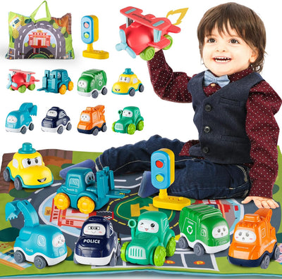 lerrbo 7 Vehicles with Kräne, Map and Blue Traffic Light &Aufbewahrungstasche|Babyspielzeug für 1 jä