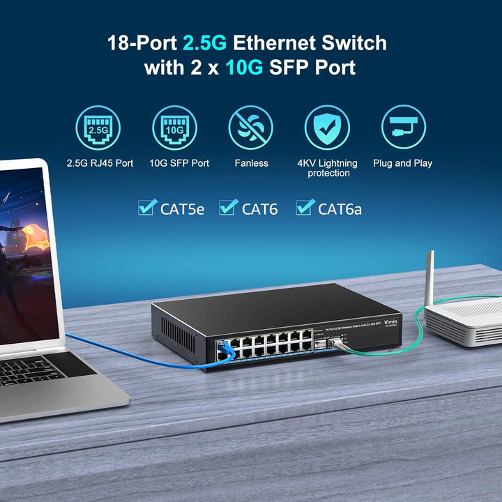 18-Port 2,5G Unmanaged Netzwerk Switch, 16x 2,5Gbase-T Ethernet Ports, 2X 10G SFP+, 120Gbps Switchin