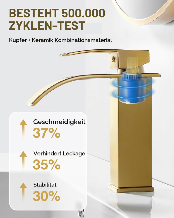 kisimixer Wasserhahn Bad Wasserfall Waschtischarmatur Gebürstetes Gold, Einhandmischer Armatur Wasch