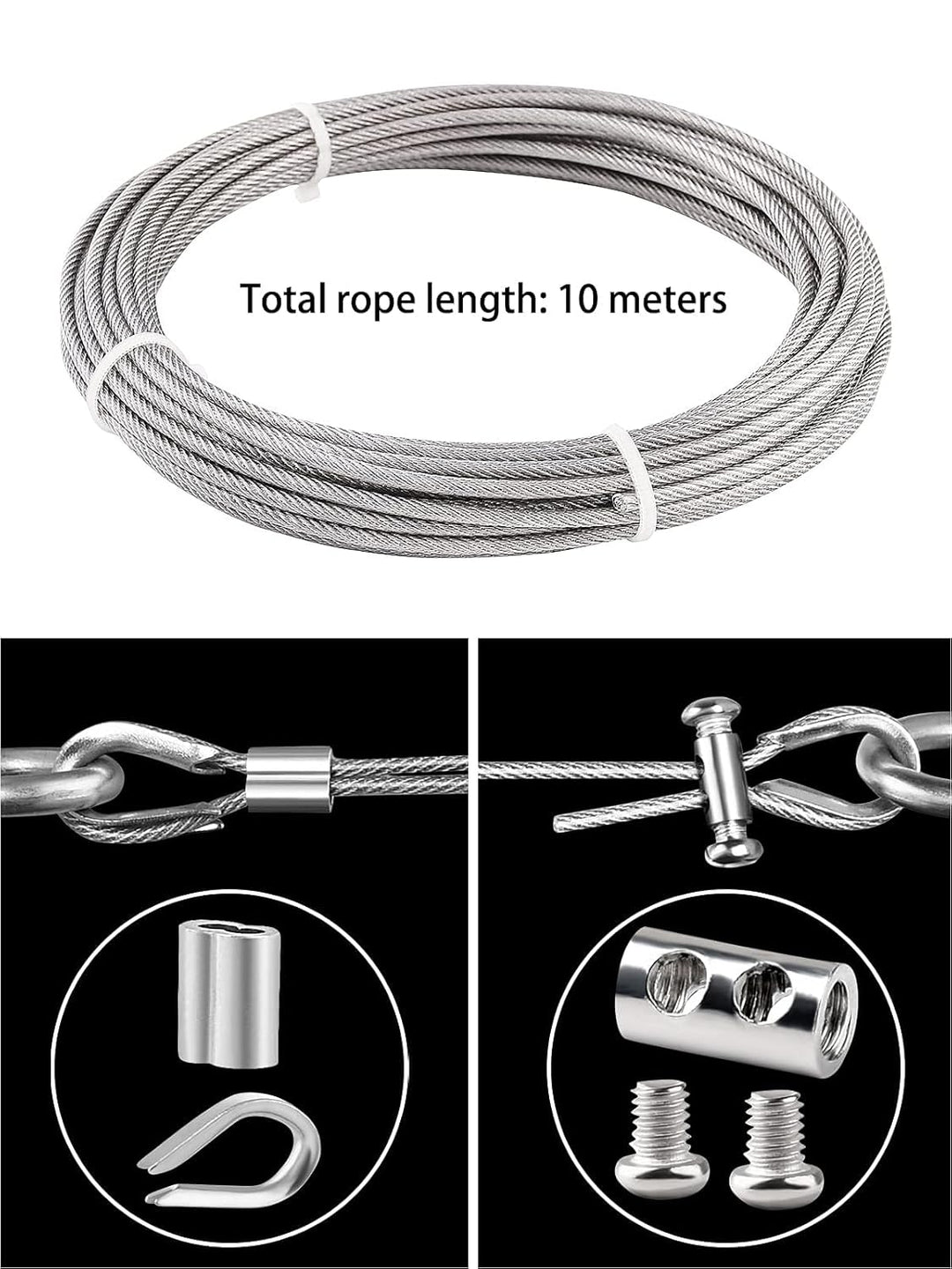 TooTaci 3mm Drahtseil-Set für den Innenbereich – 10M PVC-ummanteltes Edelstahlseil mit M3-Seilendhül