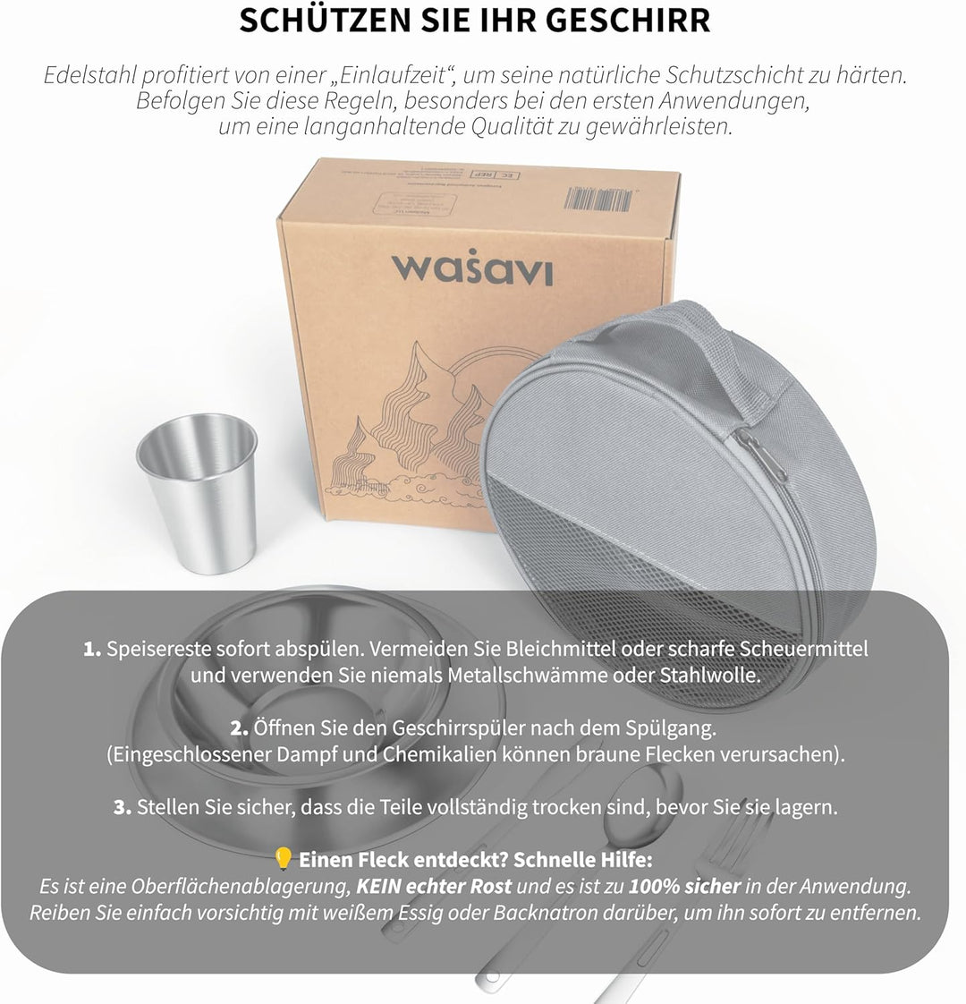 Campingbesteck Set für 4 Personen – Camping Geschirr Set mit Edelstahl Besteckset, Teller, Schale un