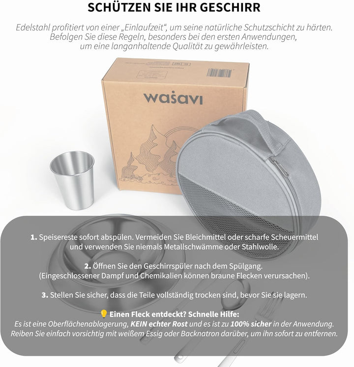Campingbesteck Set für 4 Personen – Camping Geschirr Set mit Edelstahl Besteckset, Teller, Schale un