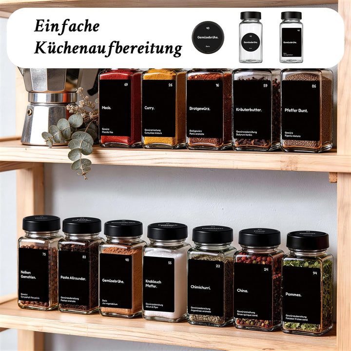 24er Set Gewürzgläser mit Streueinsatz - 120ml Eckig Gewürzdosen Glas mit Deckel Schwarz - Inkl. 342
