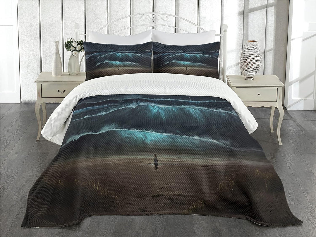 ABAKUHAUS Nachtozean Tagesdecke Set, Gothic-Welle Allein Frau, Set mit Kissenbezügen Waschbar, für D