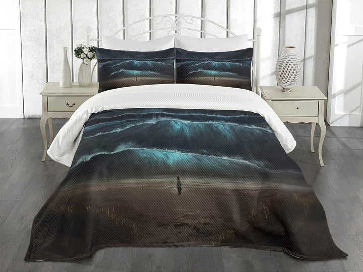 ABAKUHAUS Nachtozean Tagesdecke Set, Gothic-Welle Allein Frau, Set mit Kissenbezügen Waschbar, für D