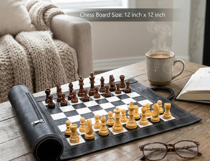 Stonkraft 19" x 15" Schachbrett Grösse 12" x 12" echtes aufrollbares Leder-Schachspiel mit Schachfig