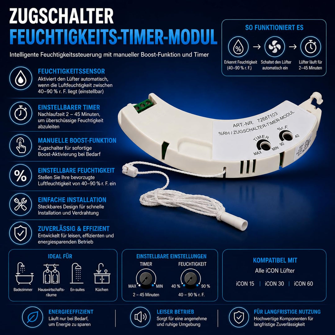 Airflow iCON HTM Steckmodul – Einstellbarer Feuchtigkeitssensor (40–90% rF), Nachlauf-Timer (2–45 Mi
