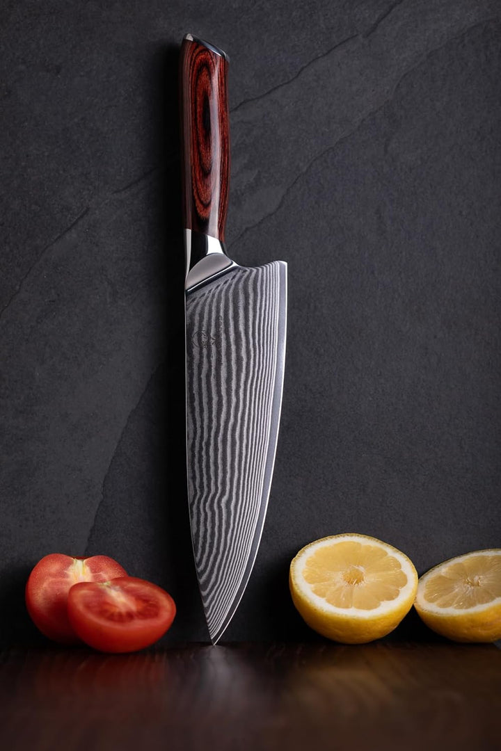 Wolfblood Damastmesser Küchenmesser XL (32cm) TÜV geprüfter 62 HRC Damaststahl aus 67 Lagen I Damast