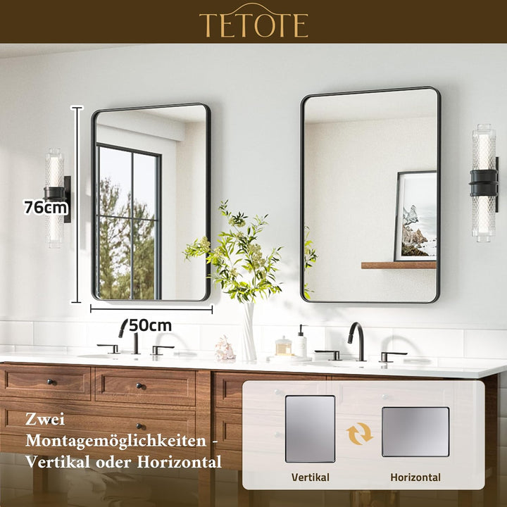 TETOTE 50x75cm Wandspiegel Schwarz Ohne Beleuchtung, Rechteckig Badspiegel mit Runder Ecke, Metallra