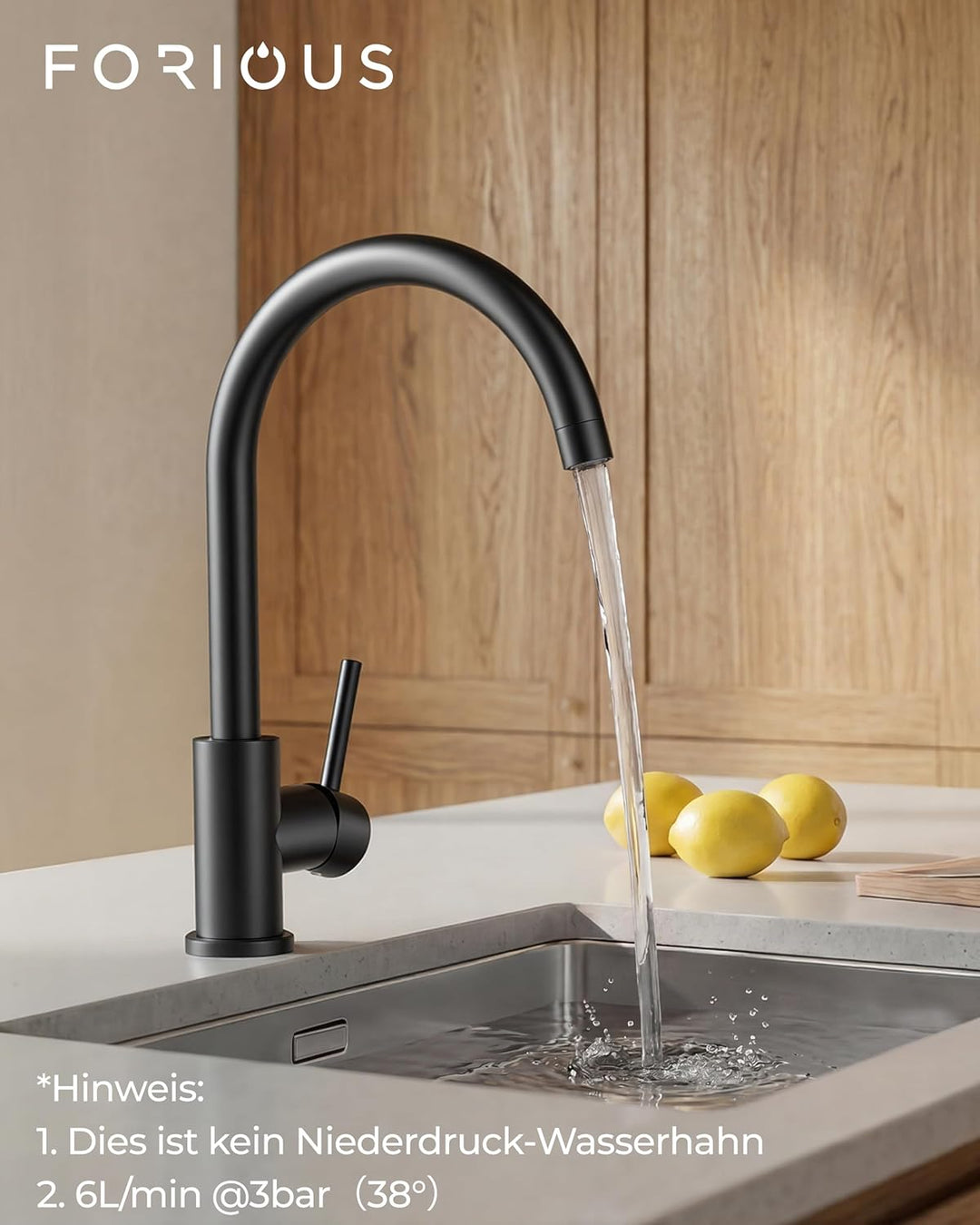 FORIOUS Wasserhahn Küche, Mischbatterie Armatur, Edelstahl, 360° Schwenkbar, Einhebel-Warm- und Küch