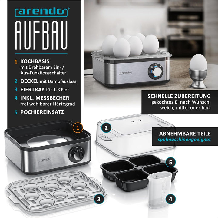 Arendo - Eierkocher Edelstahl für 1 bis 8 Eier - Egg Cooker - 500 W – Kontroll Leuchte – Drehregler
