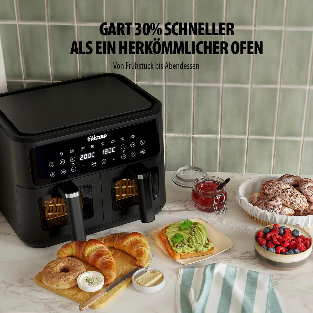 Tristar Doppelkorb-Heissluftfritteuse, 9 L Kapazität, 10 Programme, Sync-Funktion, Digitales Display