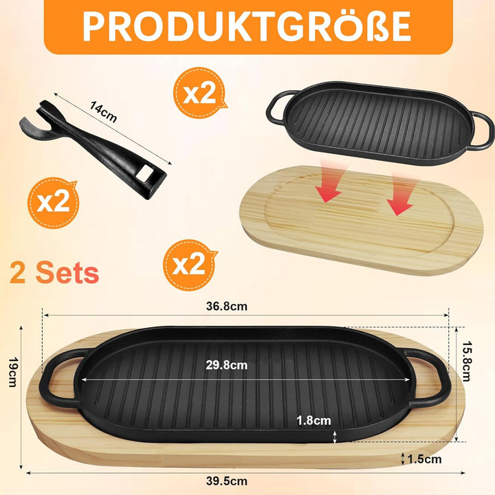 2er-Set Gusseisen Servierpfännchen mit Holzunterlage, 30 x 16 cm Oval Grillpfanne Serviergusseisen,