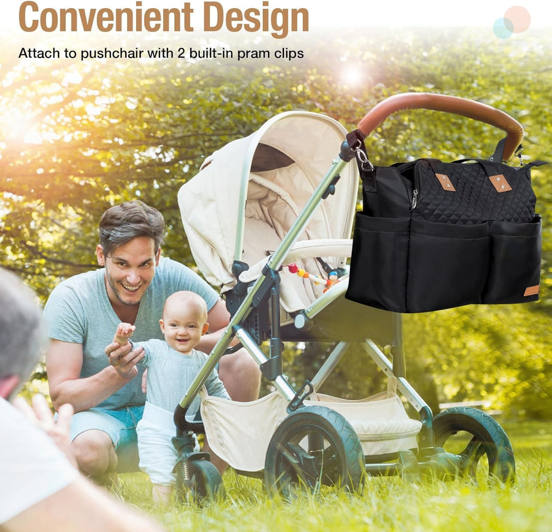 Lekebaby Baby Wickeltasche Bote gross mit Wickelunterlage für Reise Schwarz Gesteppt Schwarz Gestepp