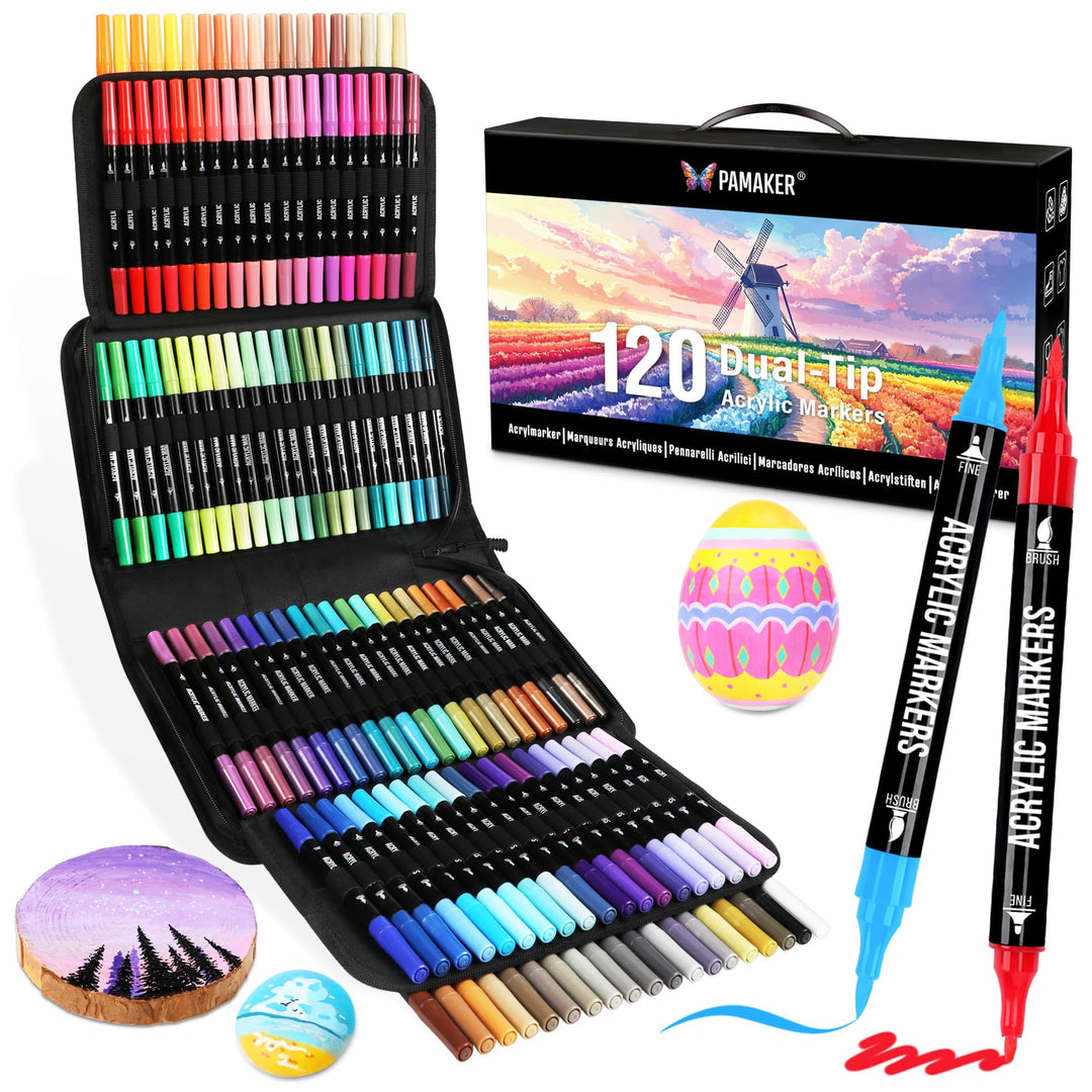 Pamaker 120 Farben Acrylstifte Set – Doppelseitige Spitzen, Multimarker für Steine, Holz, Stoff, Lei