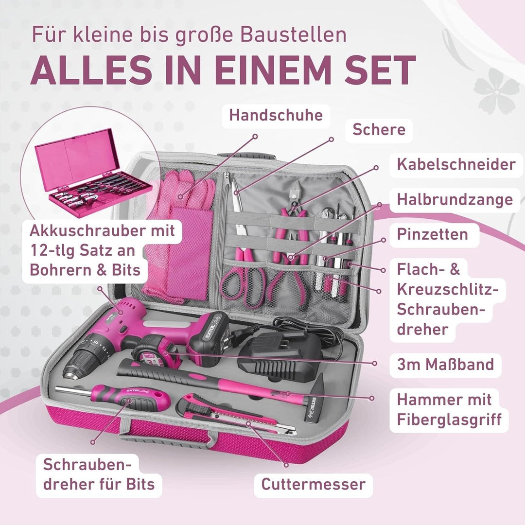 Extol Lady Akku Bohrschrauber Set 27-tlg. I 12V Li-Ion Frauen Akku-Schrauber Pink mit Schlagfunktion