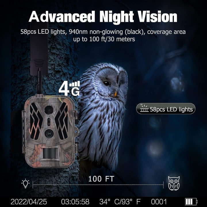 RecorCam Wildkamera 4G 36MP 4K Video,Lithium 8000mAh,Wildtierkamera mit Nachtsicht Bewegungsmelder,9