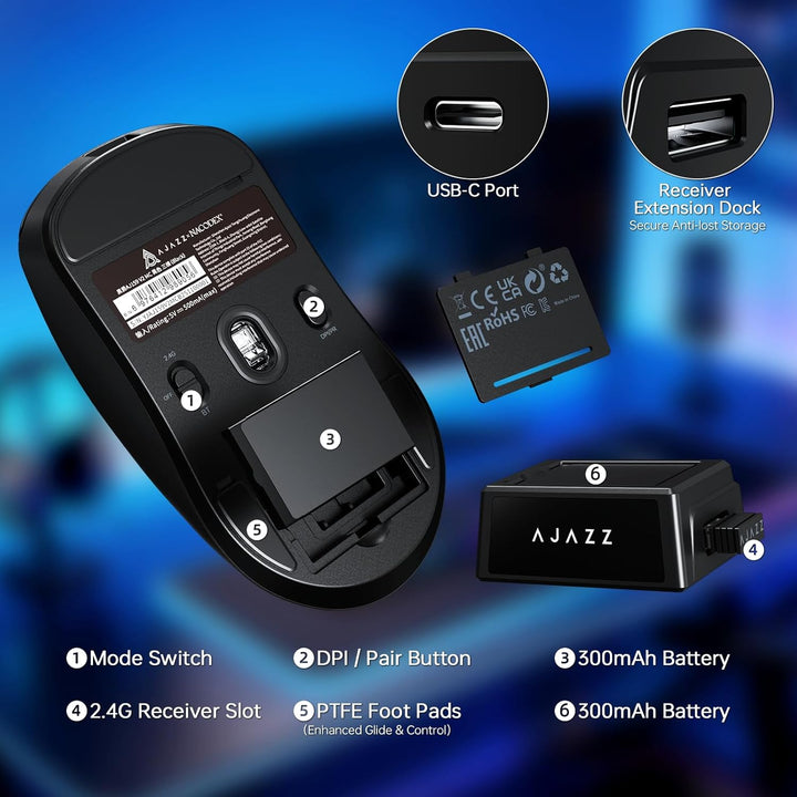 ZIYOU LANG × A.JAZZ AJ159V2MC Kabellose Leichte Gaming-Maus, Austauschbare Dual-Batterien, 54 g Ultr