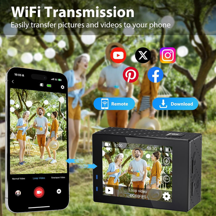 Actioncam 4K 60FPS WiFi Unterwasserkamera 40MP 40 Meter wasserdicht mit Touchscreen, 170° Weitwinkel