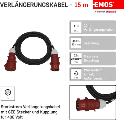 EMOS CEE-Verlängerungskabel 15m 5-polig Stecker, 5X 32 A / 400V / 22 000 W, 4 mm2, IP44 wasserdichte