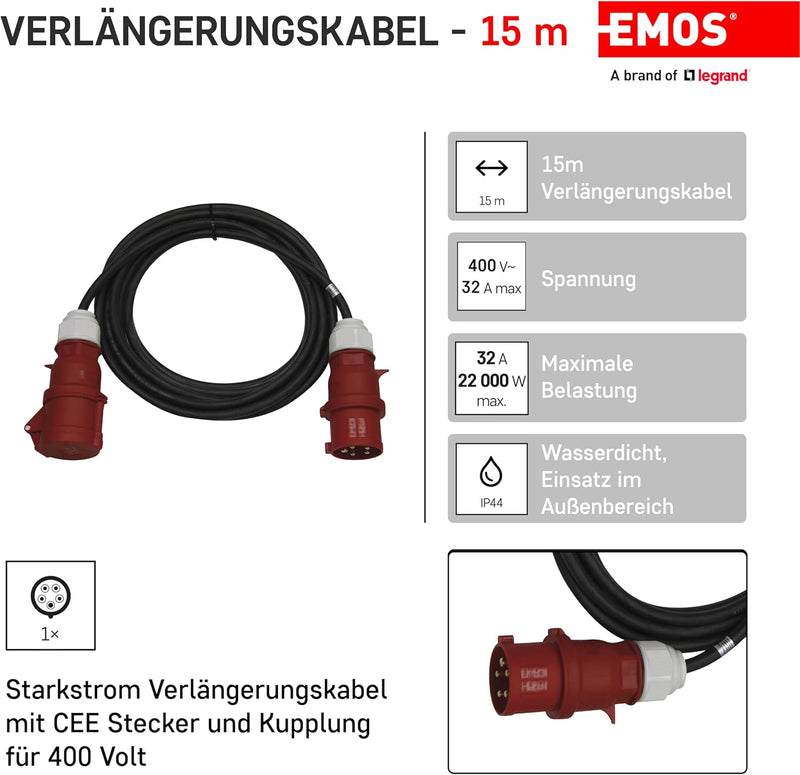 EMOS CEE-Verlängerungskabel 15m 5-polig Stecker, 5X 32 A / 400V / 22 000 W, 4 mm2, IP44 wasserdichte