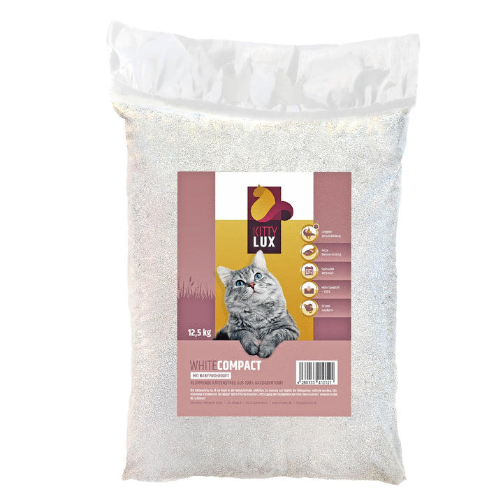 KittyLux klumpende Katzenstreu White Compact 12,5kg mit Babypuderduft für Sensible Katzen, Klumpstre