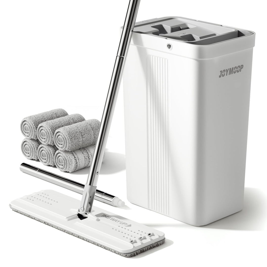 JOYMOOP Wischmopp und Eimer mit Auswringer-Set für Zuhause, weisses, flaches Quetsch-Mopp-Eimer-Set