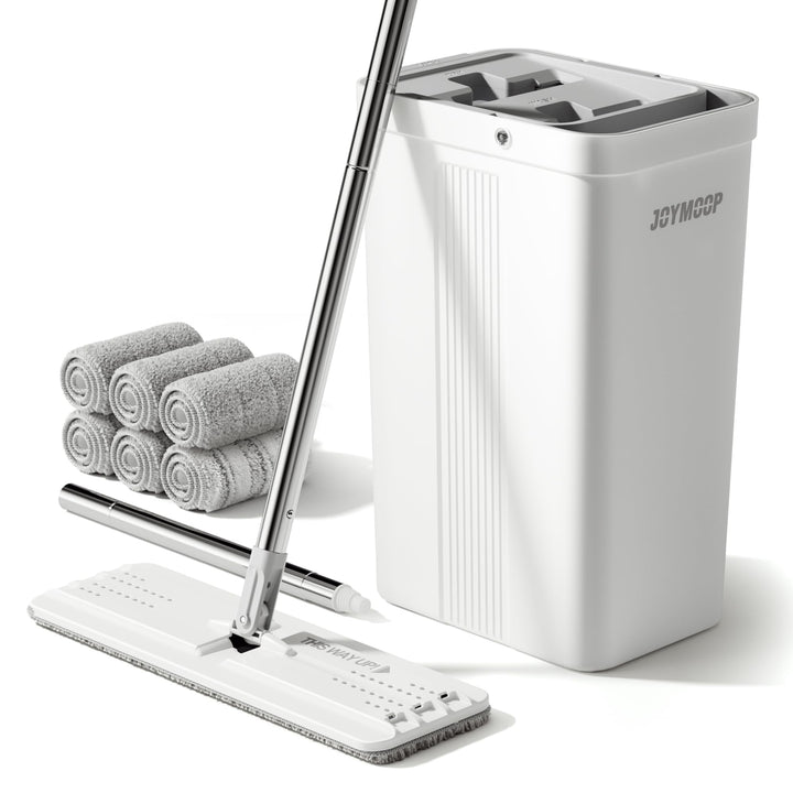 JOYMOOP Wischmopp und Eimer mit Auswringer-Set für Zuhause, weisses, flaches Quetsch-Mopp-Eimer-Set